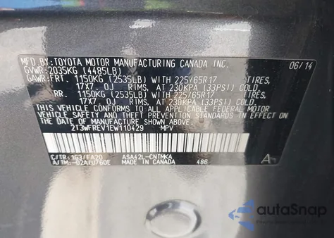 2014 Toyota Rav4 Xle from USA, damaged, VIN 2T3WFREV1EW110429